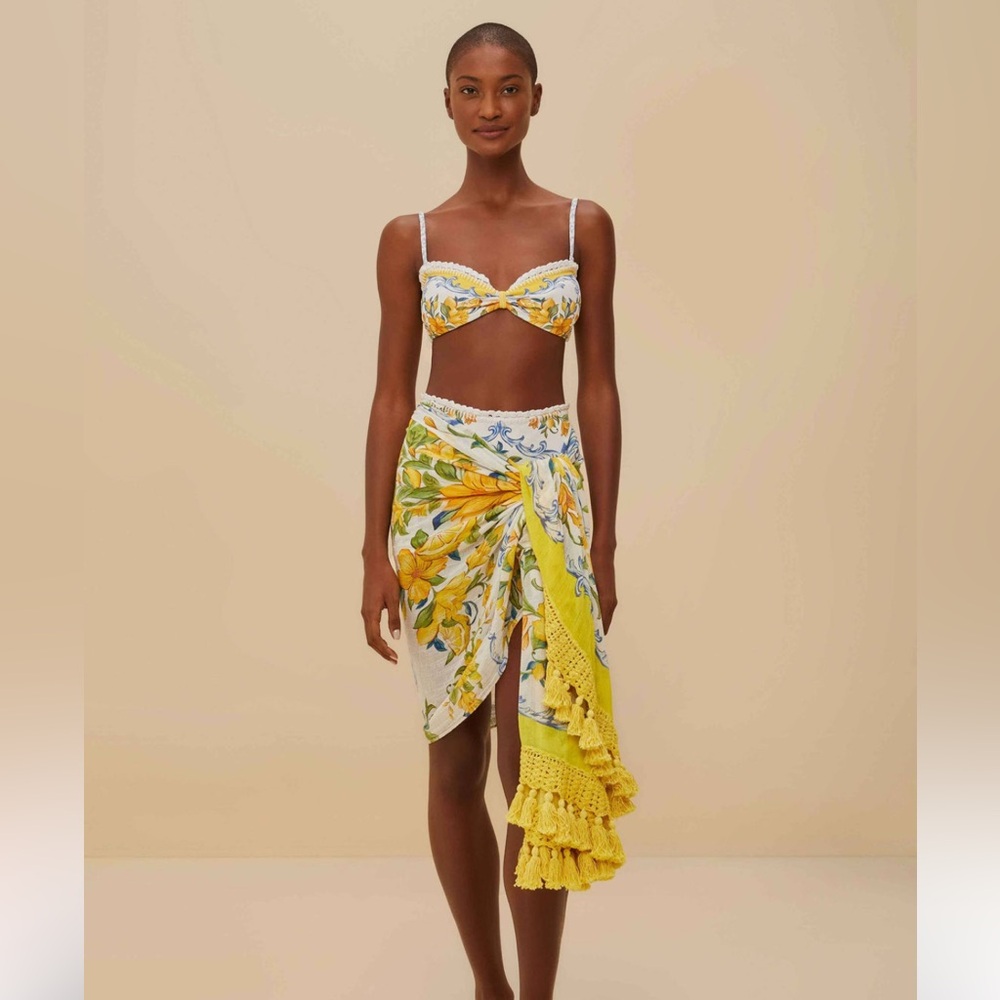 FARM Rio Yellow Floral Swim Sarong with Tassel Trim NWT